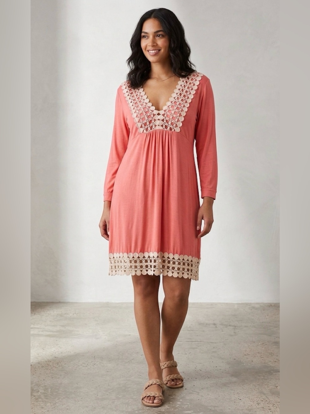 River Island Coral Midi Dress with Crochet Detailing